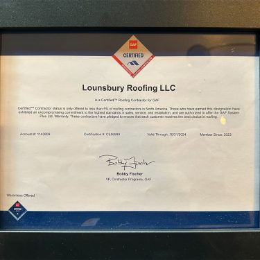 Certified Contractor certificate for Lounsbury Roofing